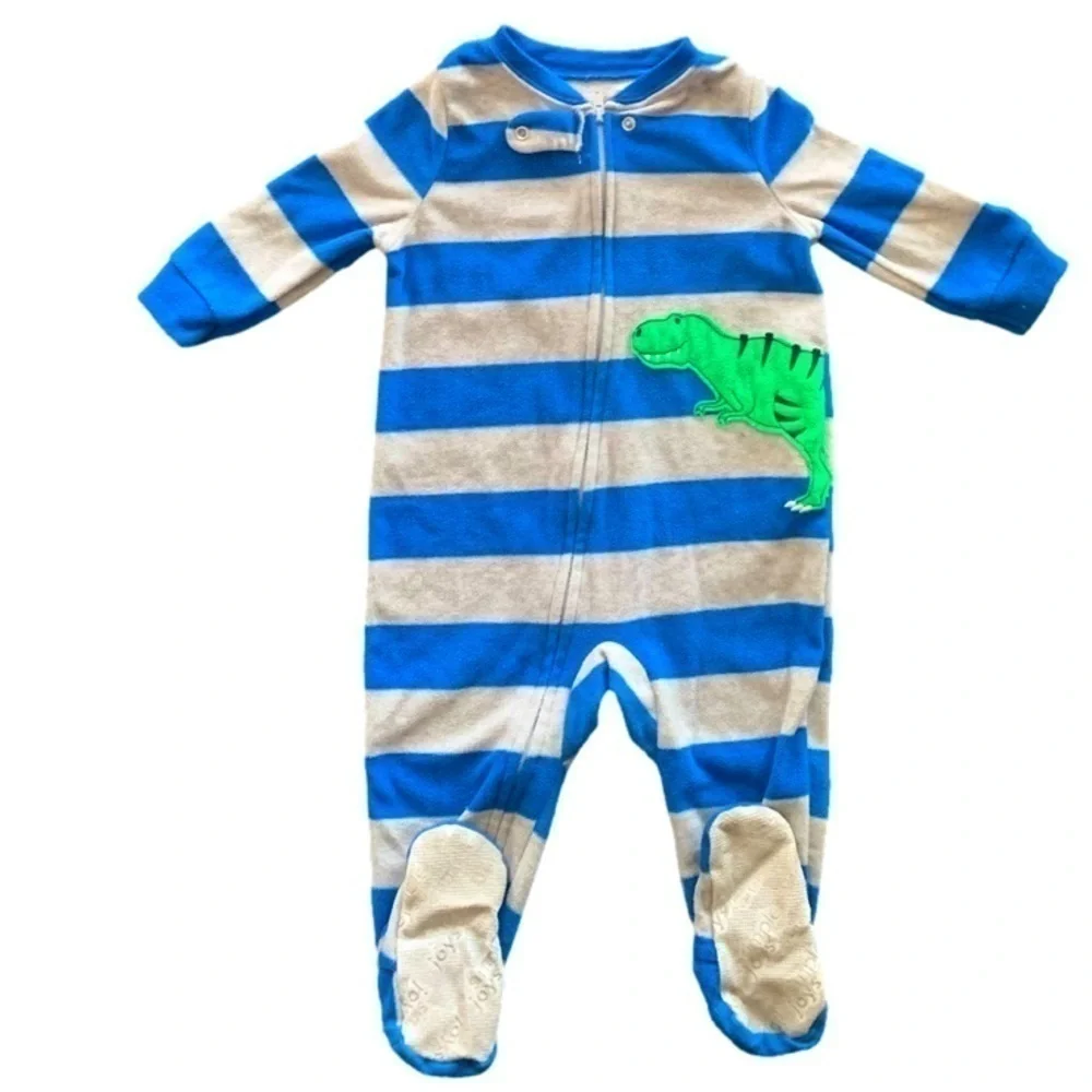 Carters Simple Joys Blue Green Striped Cars Fleece Onesie Footed Pajamas 12mos